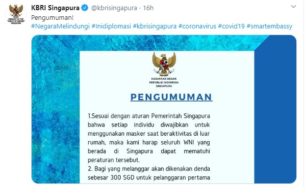 Singapura Terapkan Denda 300 Dolar Bagi Warga Yang Keluar Rumah Tanpa Masker