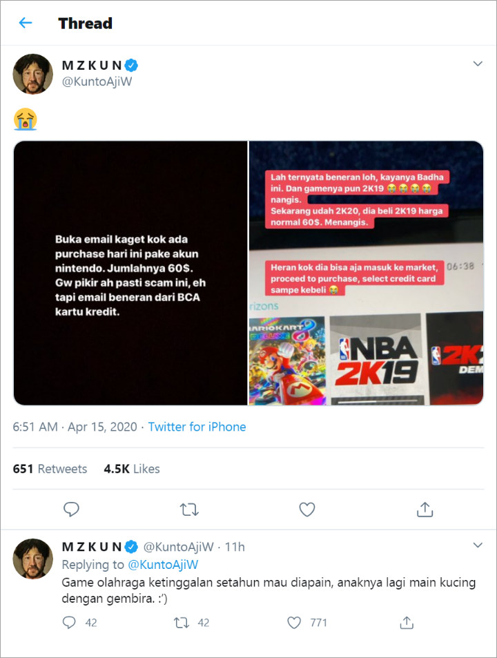 Kunto Aji Nangis Saat Tahu Sang Anak Beli Game Seharga 60 USD Melalui Kartu Kreditnya