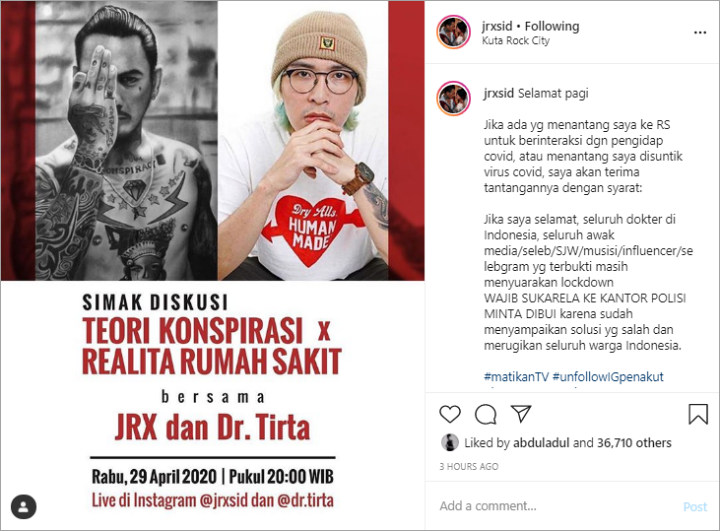 Jerinx SID Terima Tantangan Berinteraksi dengan Pasien atau Disuntik Virus COVID-19, Ini Syaratnya