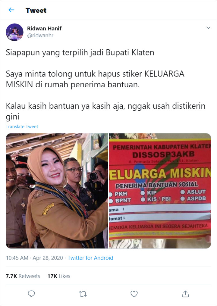 Usai Bantuan Hand Sanitizer, Bupati Klaten Kembali Dikritik terkait Stiker \'Keluarga Miskin\'