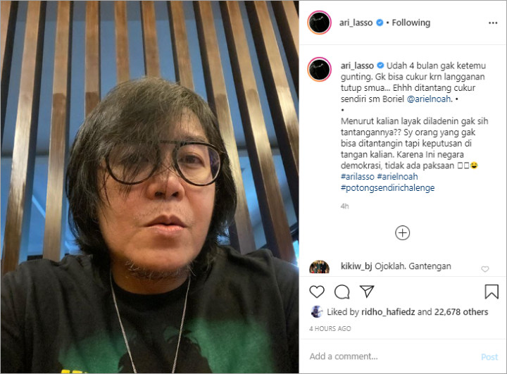 Ditantang Ariel Potong Rambut Sendiri di Rumah, Ari Lasso: Terima Jangan?