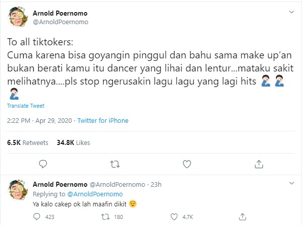 Kritik Pengguna Tik Tok, Chef Arnold: Mataku Sakit Melihatnya