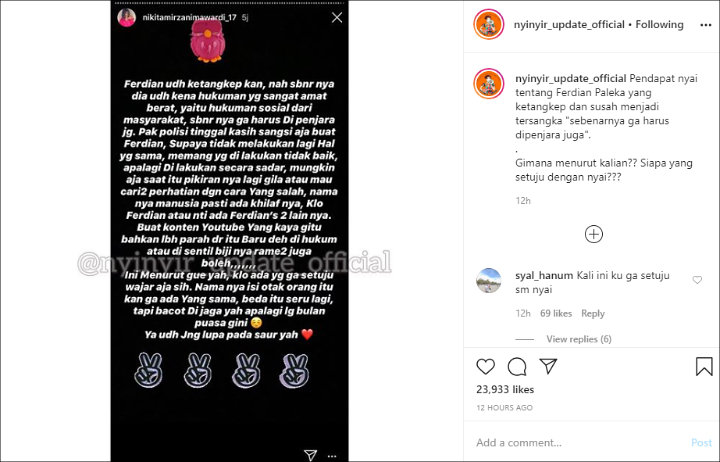Nikita Mirzani Ngaku Tak Setuju Ferdian Paleka Dipenjara, Kenapa?