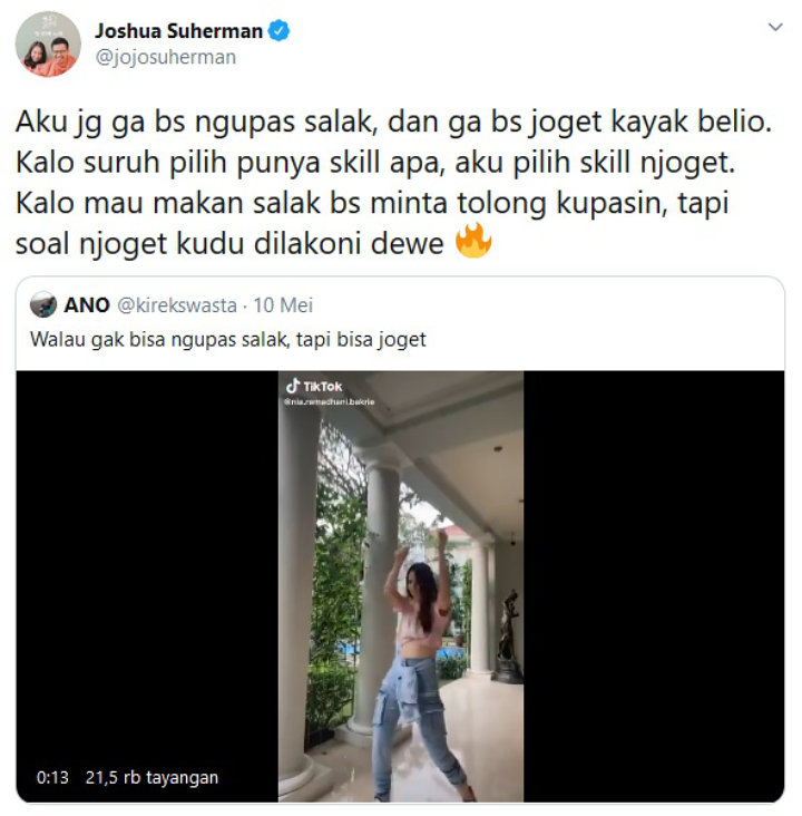 Joshua Suherman Bela Nia Ramadhani yang Disindir Cuma Bisa Joget, Akui Juga Tak Bisa Kupas Salak