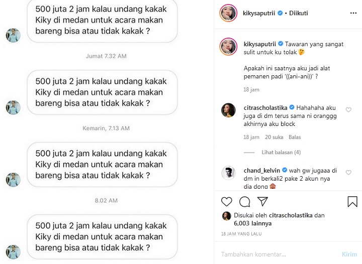 Joshua hingga Kiky Saputri \'Diteror\' DM Misterius, Ajak Makan Bareng dengan Bayaran Rp500 Juta