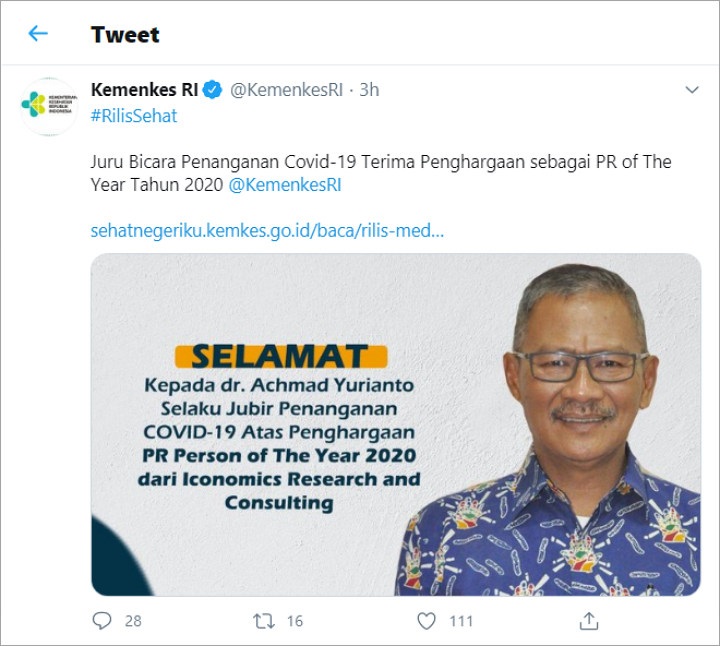 Jubir Penanganan Covid-19 Achmad Yurianto Terima Penghargaan, Netizen Sebut Tak Pantas