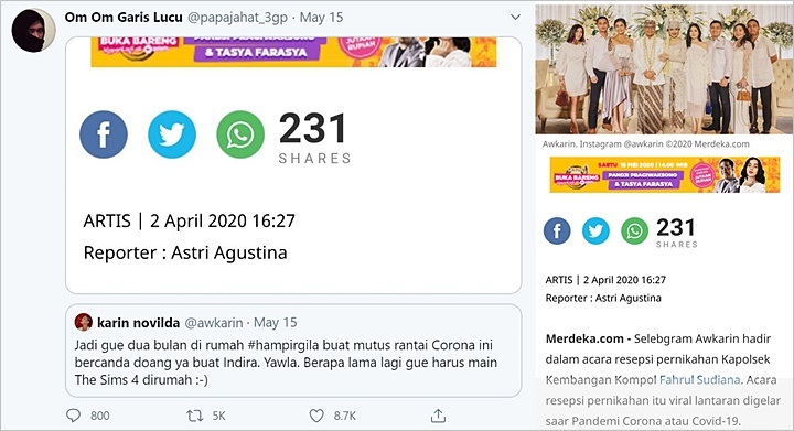 Usai Ikut Kritik Pernyataan Indira Khalista Soal Corona, Awkarin Kena Sindir Balik