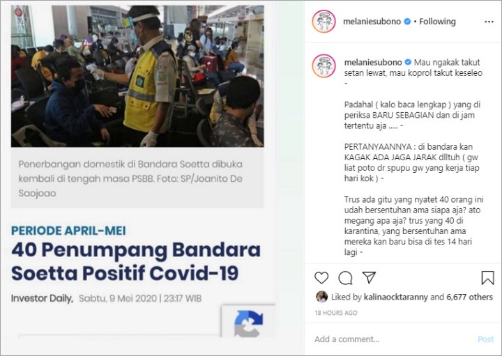 Melanie Subono \'Ngakak\' Tahu Ada 40 Orang di Bandara Soetta Positif COVID-19