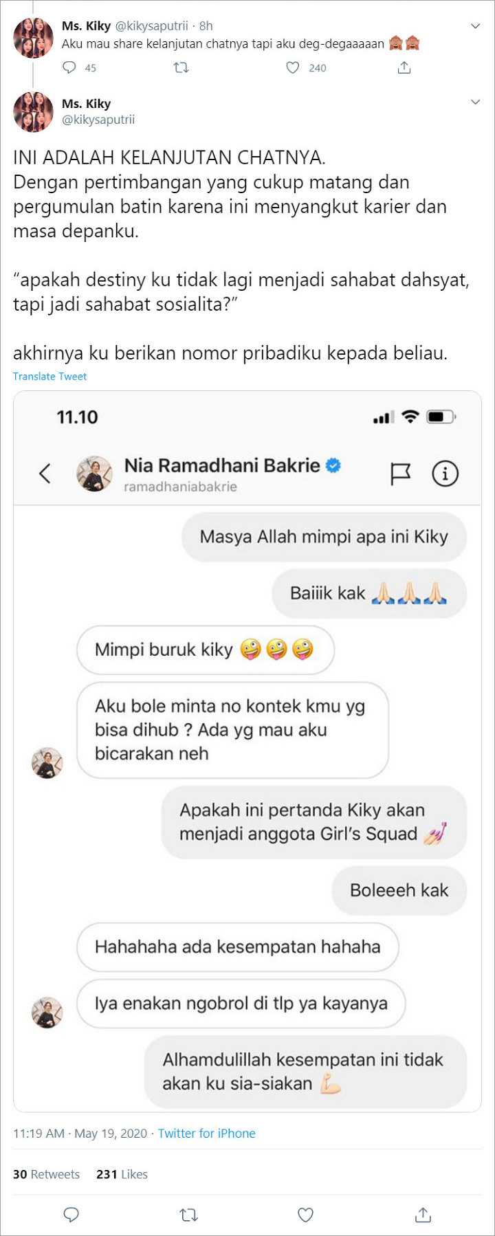 Di DM Nia Ramadhani, Kiky Saputri: Apa Ini Pertanda Aku Gabung dengan Girlsquad?