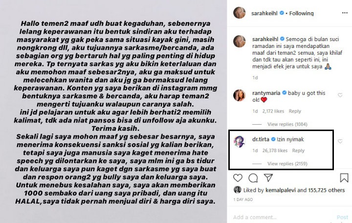 Sarah Keihl Unggah Permintaan Maaf, Komentar dr Tirta Dapat Ribuan Like