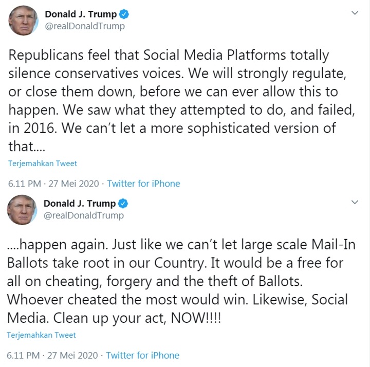 Buntut Cuitannya Soal Pilpres AS Dicekal, Trump Ancam Tutup Twitter cs