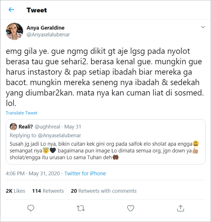 Anya Geraldine Nyolot Dibilang Tak Pernah Salat
