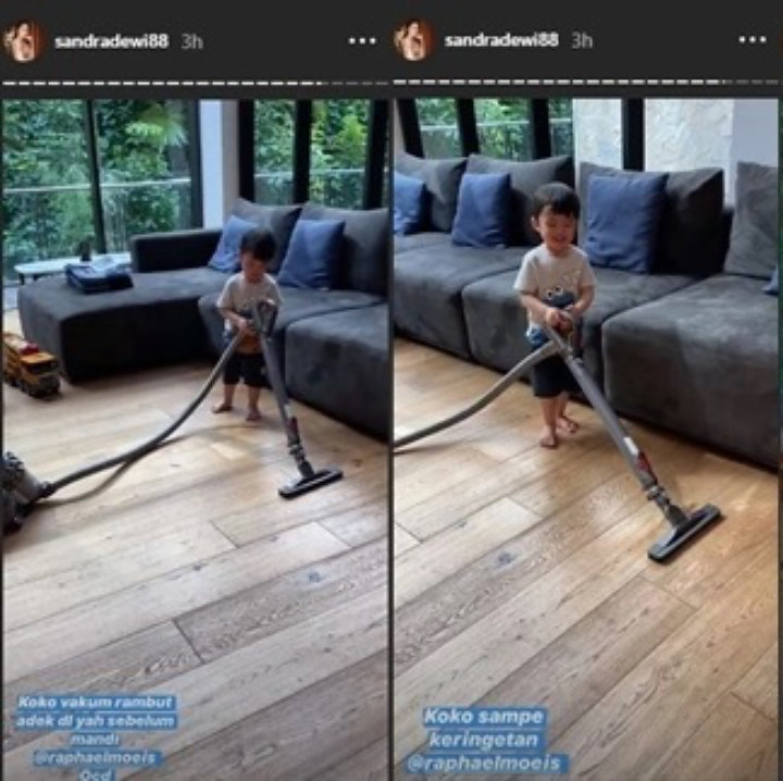 Lucunya Anak Sandra Dewi, Raphael Moeis Bantu ART Bersihkan Rumah Sampai Keringetan