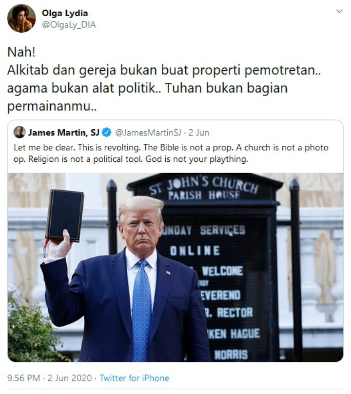 Olga Lydia Ikut Sindir Trump yang Dituding Pakai Alkitab untuk Properti Pemotretan