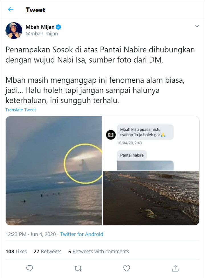 Sosok Diduga Nabi Isa Muncul di Langit Pantai Nabire, Mbah Mijan: Terhalu!