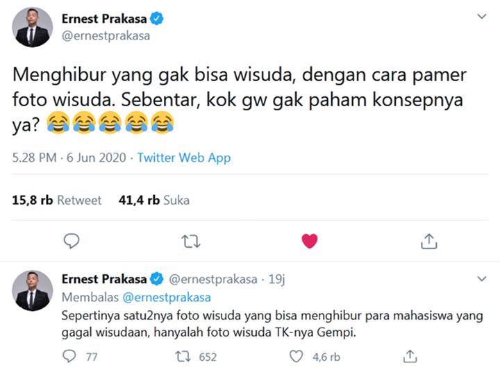 Ernest Prakasa Tanggapi #WisudaLDR2020: Yang Menghibur Cuma Foto Gempi