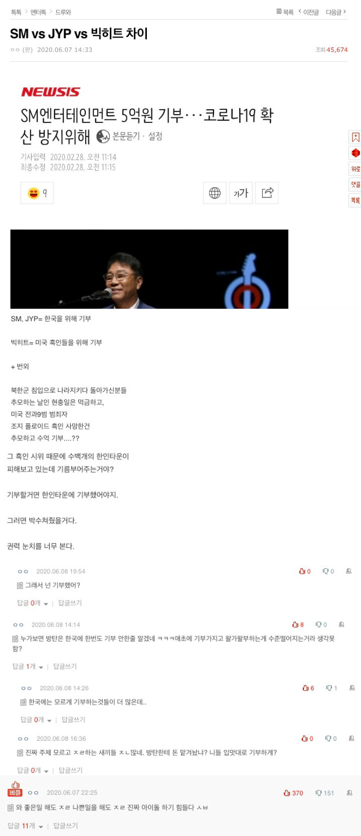 Donasi Big Hit untuk BLM Dibandingkan dengan Sumbangan COVID-19 SM dan JYP