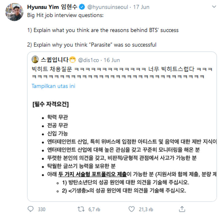 Salah Satunya Tentang BTS, Pertanyaan Wawancara Kerja di Big Hit Curi Perhatian