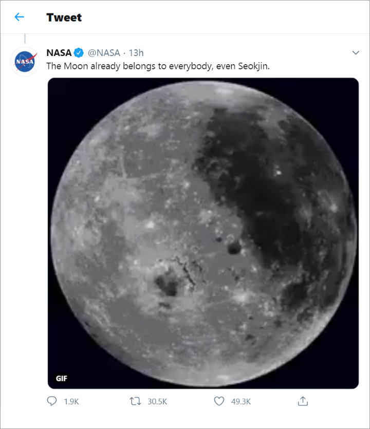 Jin BTS Diakui Badan Penerbangan dan Antariksa NASA Sebagai Pemilik Bulan