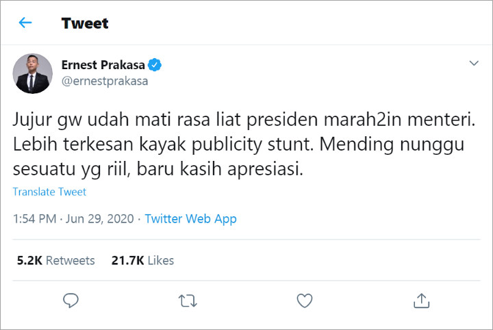 Kritik Video Kemarahan Jokowi, Ernest Prakasa Tuai Pro Kontra