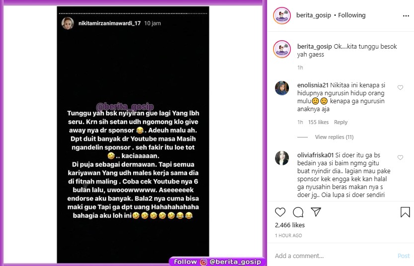 Begini Reaksi Nikita Mirzani Pasca Baim Wong Akui Giveaway-nya Dari Sponsor