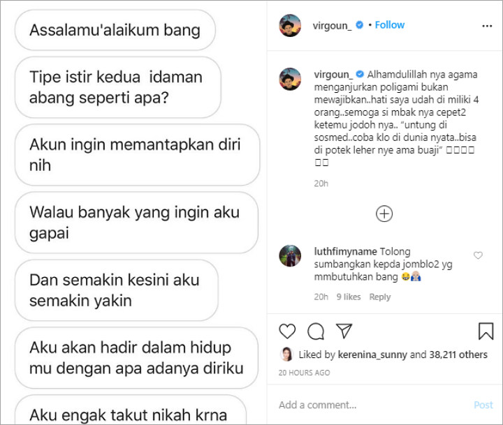 Virgoun Dapat DM Genit Diajak Nikah, Jawaban Menohok Istri Bikin Mingkem