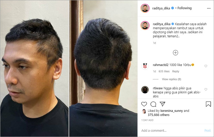 Raditya Dika Ditertawakan Usai Tunjukkan Potongan Rambut Absurd Karya Istri, Komen Virgoun Disorot