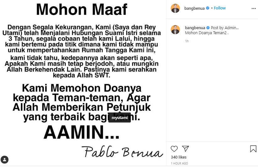 Masih Dipenjara, Pablo Benua Bakal Ceraikan Rey Utami?