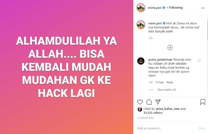 Instagram Mimi Peri Terus Di-hack, Tuai Simpati Rekan Artis hingga Diminta Introspeksi