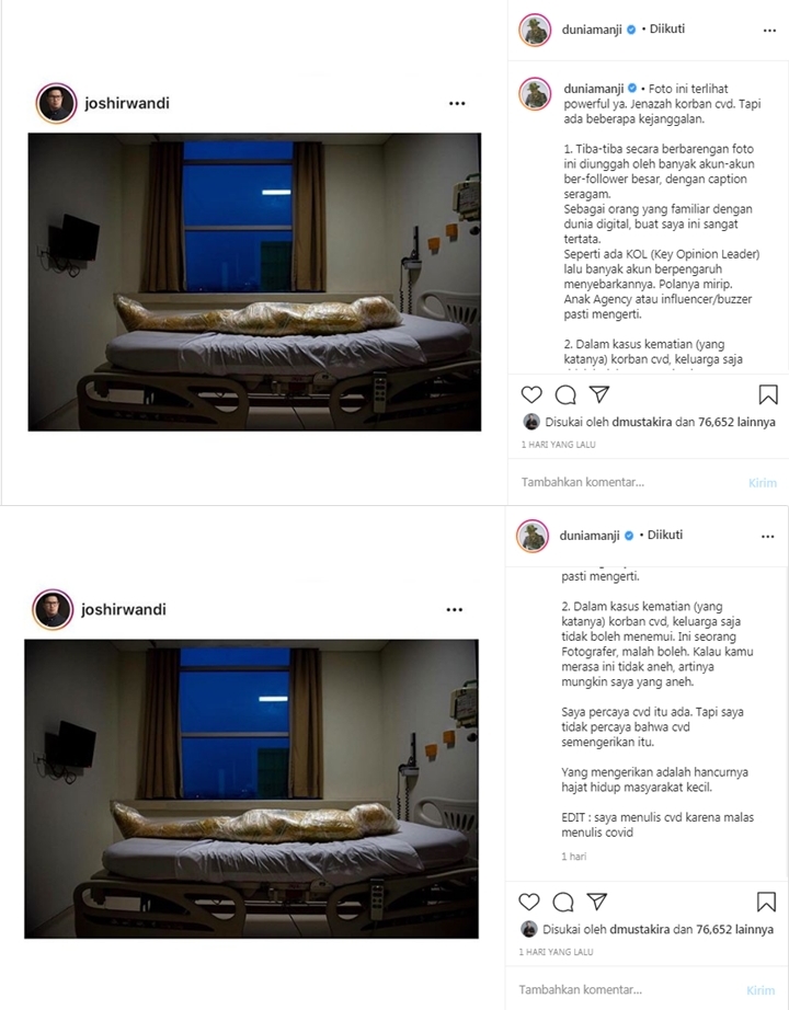 Ungkap Kejanggalan di Foto Viral Jenazah Corona, Anji \'Nantang\' Siap ke Wisma Atlet Tanpa APD-1