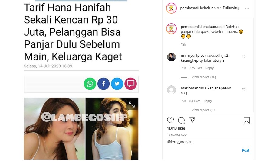 Ternyata Uang Rp 20 Juta Cuma DP Hana Hanifah Sebelum Kencan, Tarif Sebenarnya Terungkap