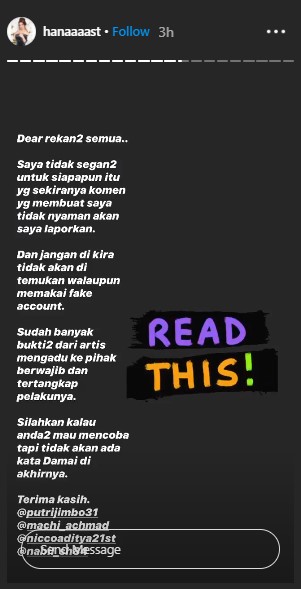 Hana Hanifah Peringatkan Netizen Nyinyir, Siap Bawa Ke Jalur Hukum