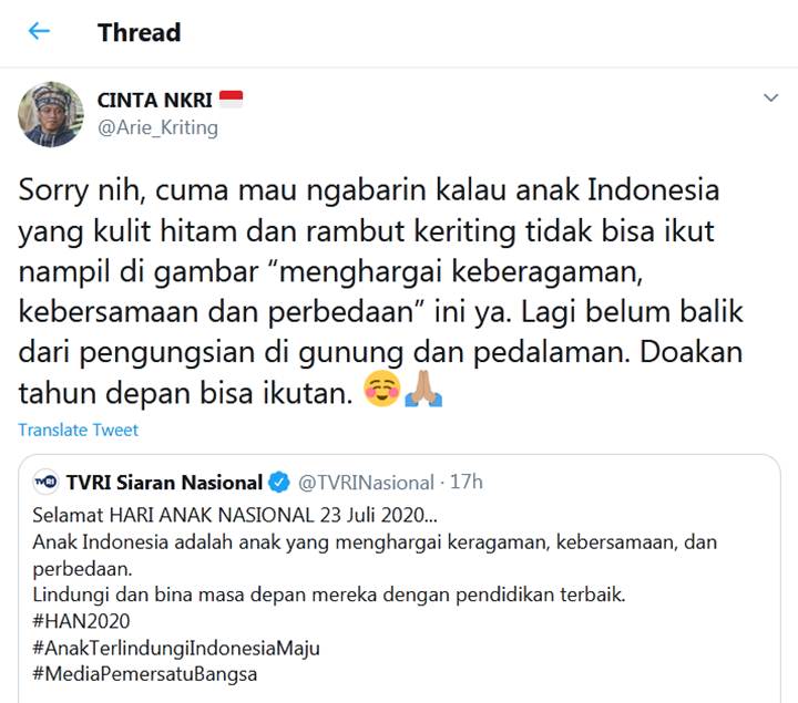 Arie Kriting Protes Tak Ada Anak Berkulit Hitam di Ucapan Hari Anak Nasional