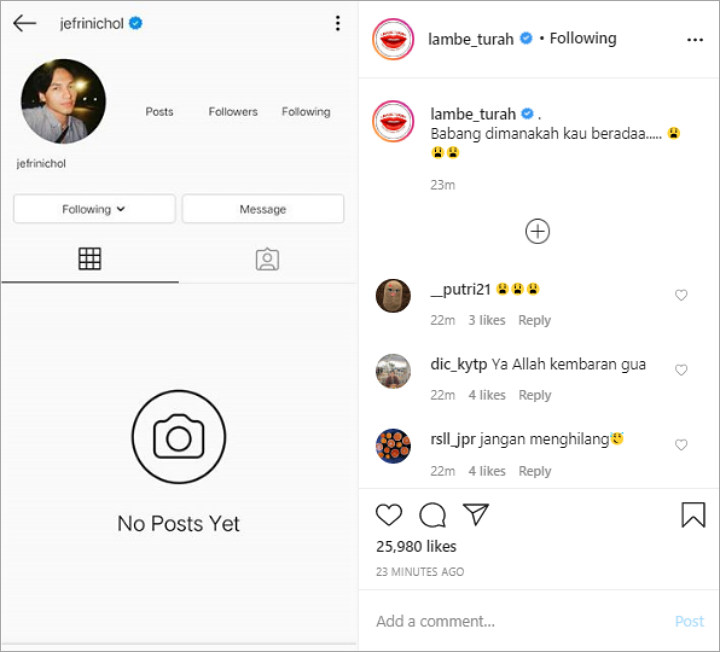 Akun Instagram dan Twitter Jefri Nichol Menghilang
