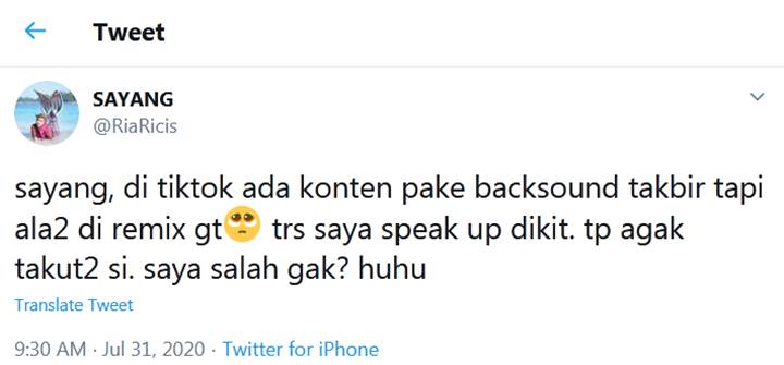 Ria Ricis Ingatkan Pengguna TikTok yang Pakai Musik Takbir Versi Remix