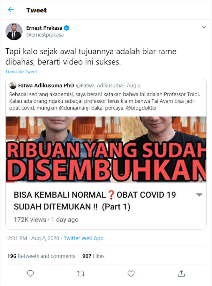 Komentar Makjleb Ernest Prakasa Soal Video \'Obat COVID-19\' Anji, Pertanyakan Kredibilitas Narasumber