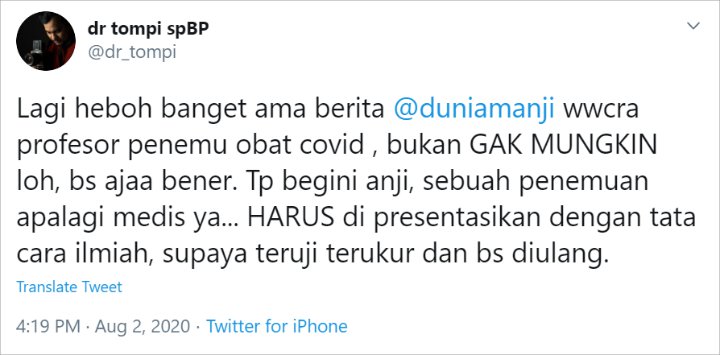 Tanggapi Video Anji Soal Obat Herbal Hadi Pranoto, Tompi: Bisa Aja Bener