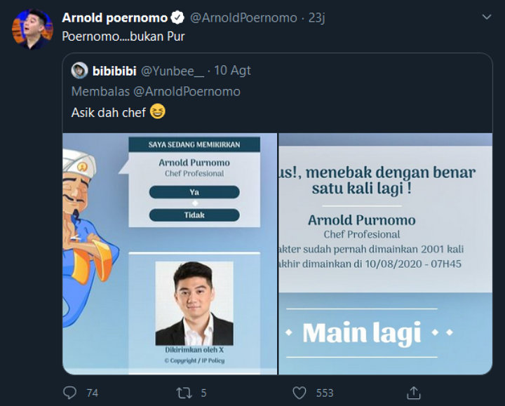 Chef Arnold Protes Namanya Salah Eja dalam Game, Picu Perdebatan Warganet
