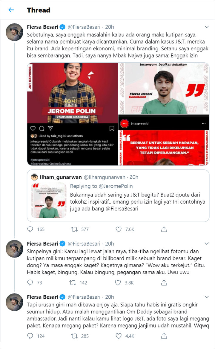 Fiersa Besari Tegur Perusahaan Ekspedisi Yang Catut Foto dan Cuitannya Tanpa Izin