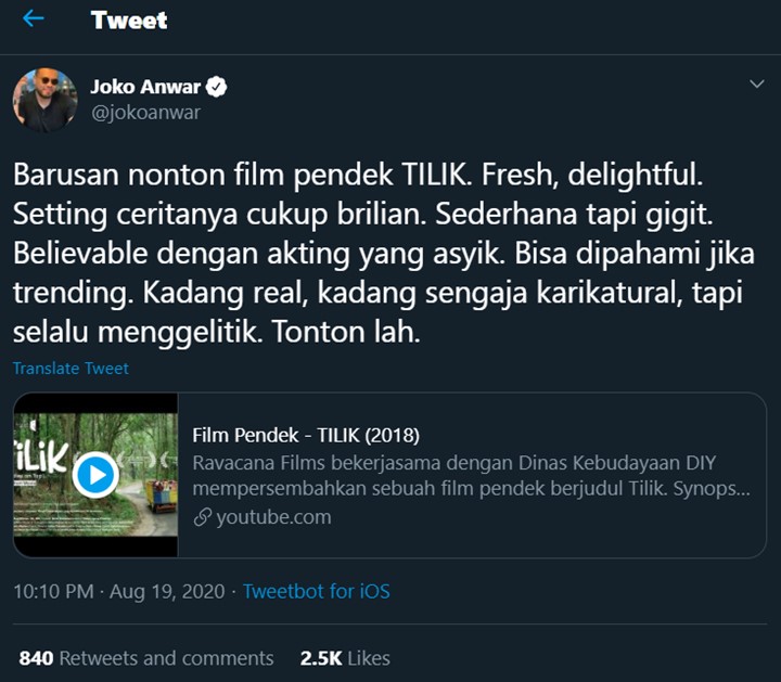 Joko Anwar Sebut Film Pendek \'Tilik\' Layak Jadi Trending