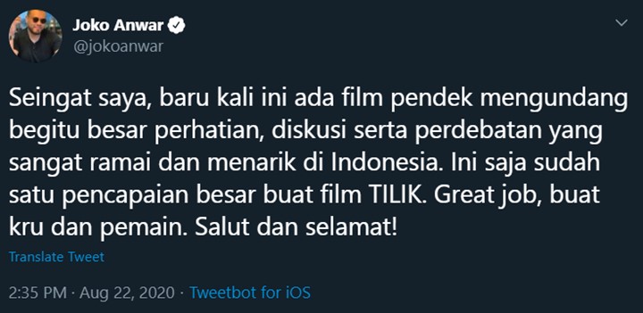 Joko Anwar Soal Film Pendek \'Tilik\'