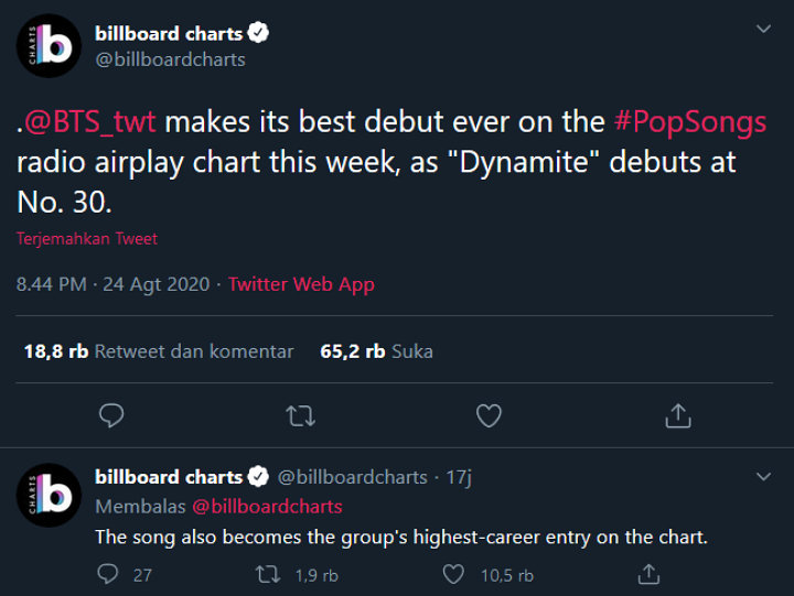 BTS Raih Debut Tertinggi Mereka Di Billboard \'Pop Songs Radio Airplay\' Chart Lewat \'Dynamite\'