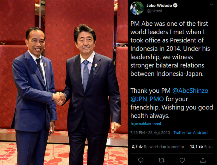 Respon Jokowi Soal Pengunduran Diri PM Jepang Shinzo Abe