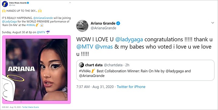 MTV VMA 2020: Ariana Grande Sabet Dua Piala untuk Lagu \'Rain On Me\' Kolaborasi dengan Lady Gaga