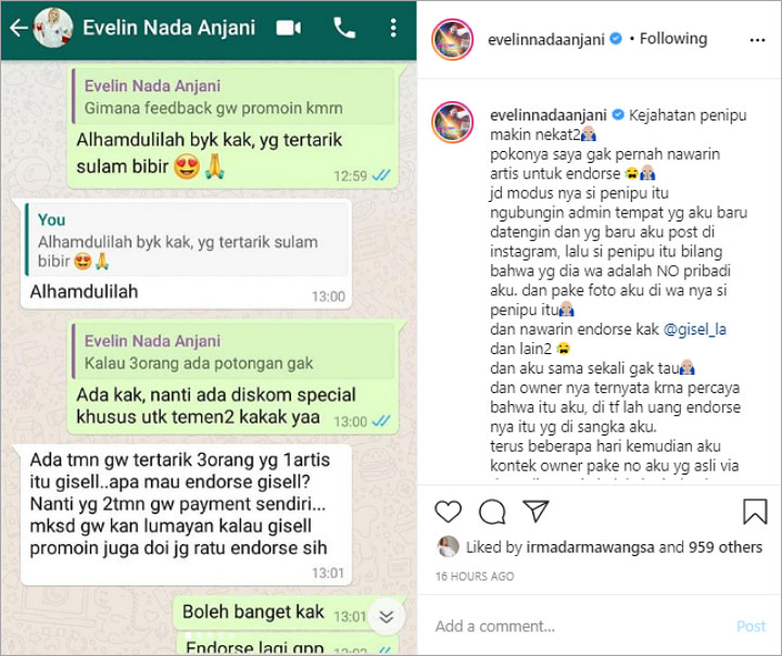 Nama Evelin Nada Anjani dan Gisella Anastasia Dicatut Penipu Endorse