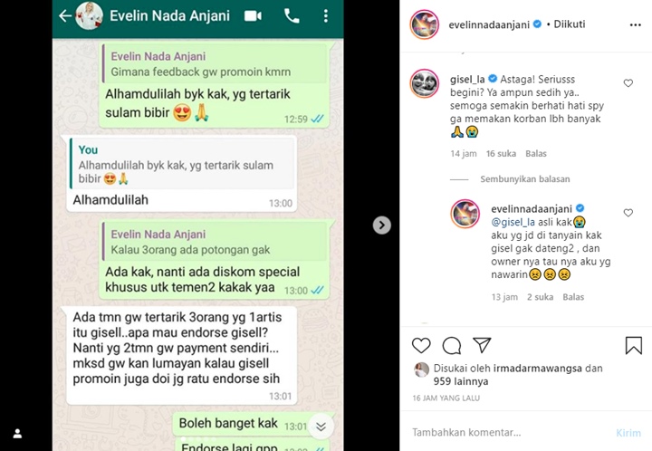 Nama Evelin Nada Anjani dan Gisella Anastasia Dicatut Penipu Endorse