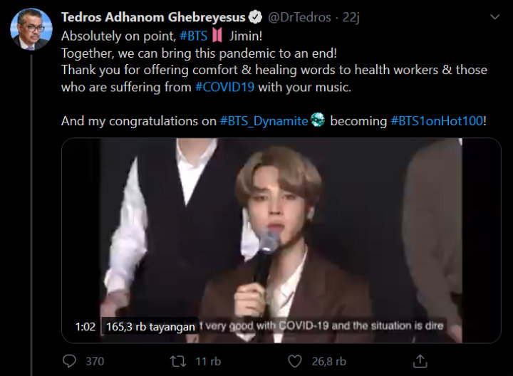 Jimin BTS Dapat Ucapan Terima Kasih dari Direktur WHO Berkat Perkataannya Ini