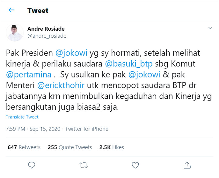 Andre Rosiade Kritik Ahok
