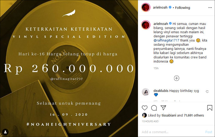 Raffi-Nagita Jadi Penawar Tertinggi Lelang Vinyl Emas NOAH