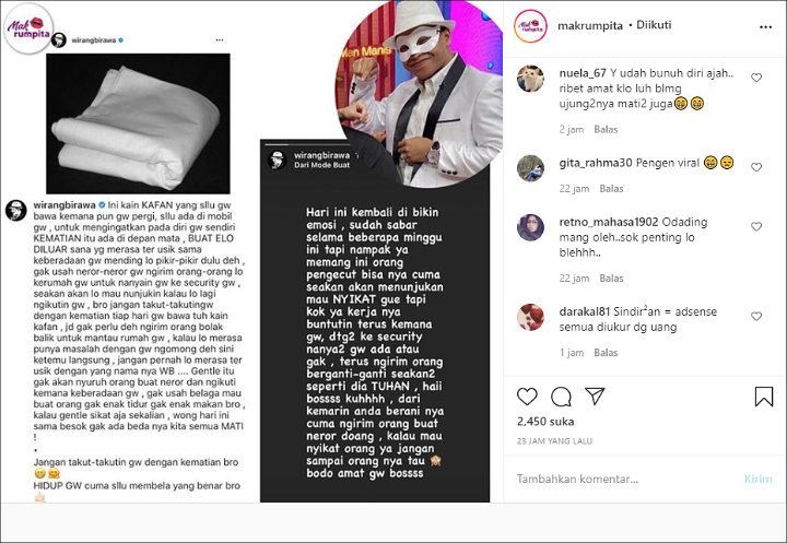 Wirang Birawa Akui Belum Berhenti Terima Teror, Netizen: Pengen Viral